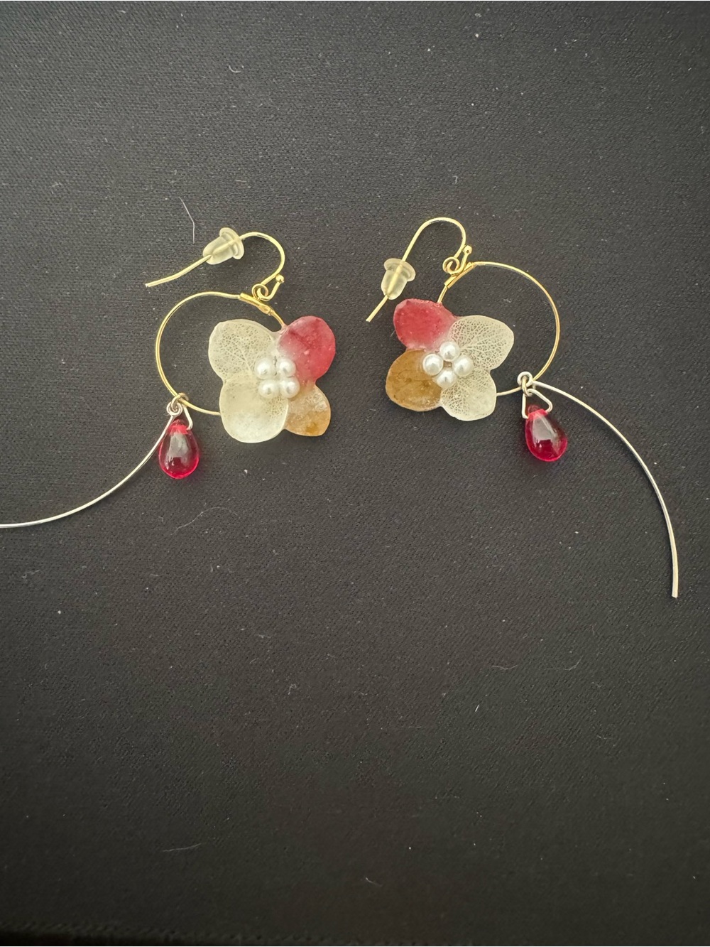 Handcrafted Floral Pearl Accent Drop Earrings - Red, Gold & Cream